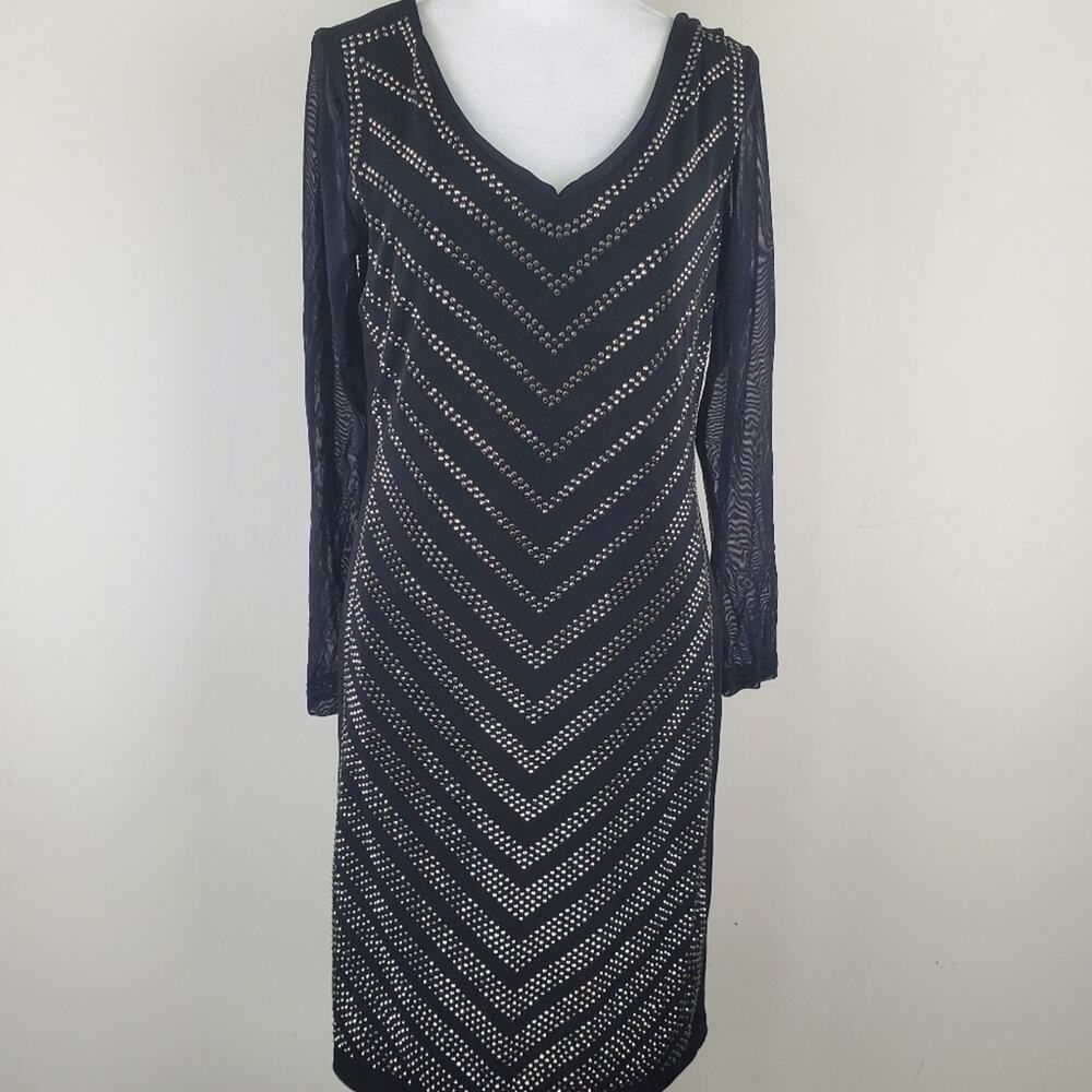 Carmen Marc Valvo bodycon dress Sz M long sleeve cocktail mini black embellished